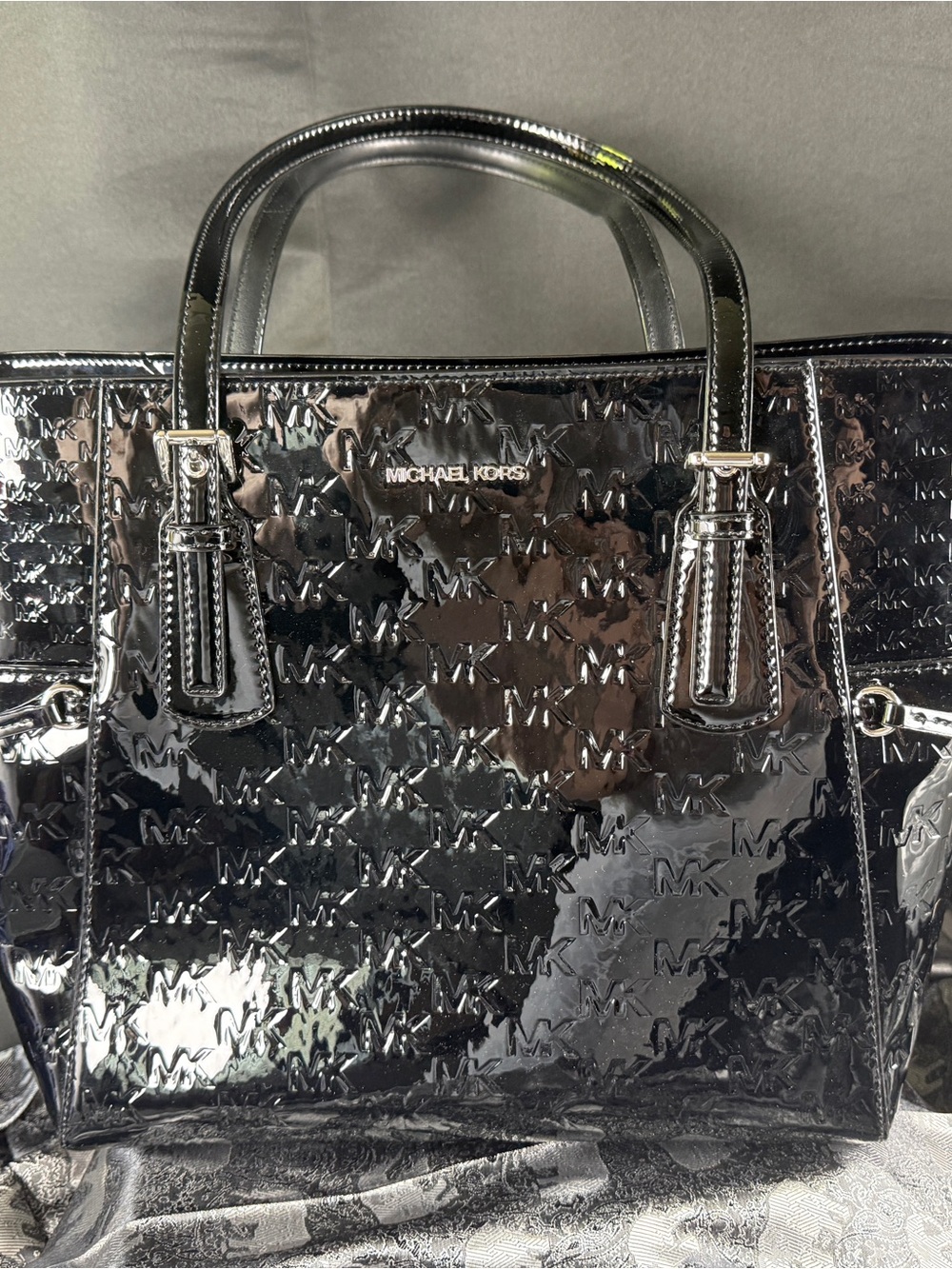 Michael Kors Black Patent Embossed MK Satchel